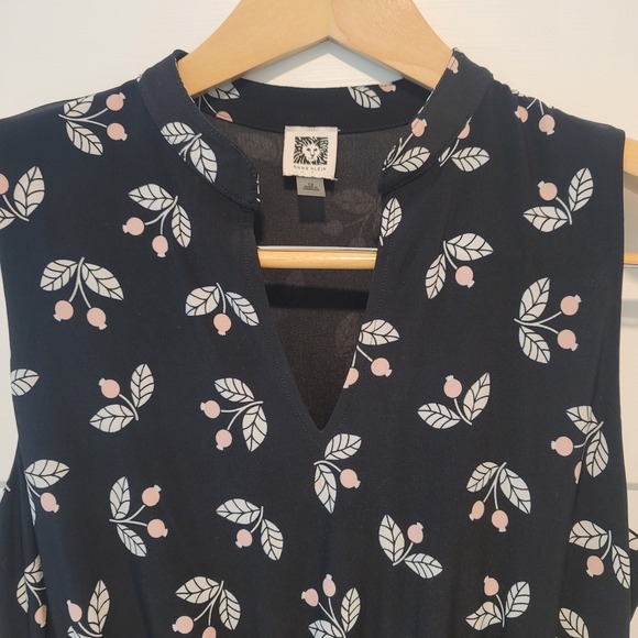 Anne Klein Dress Women 12 Black Pink Cherries Fit Flare Elastic Waist Feminine - Picture 2 of 11